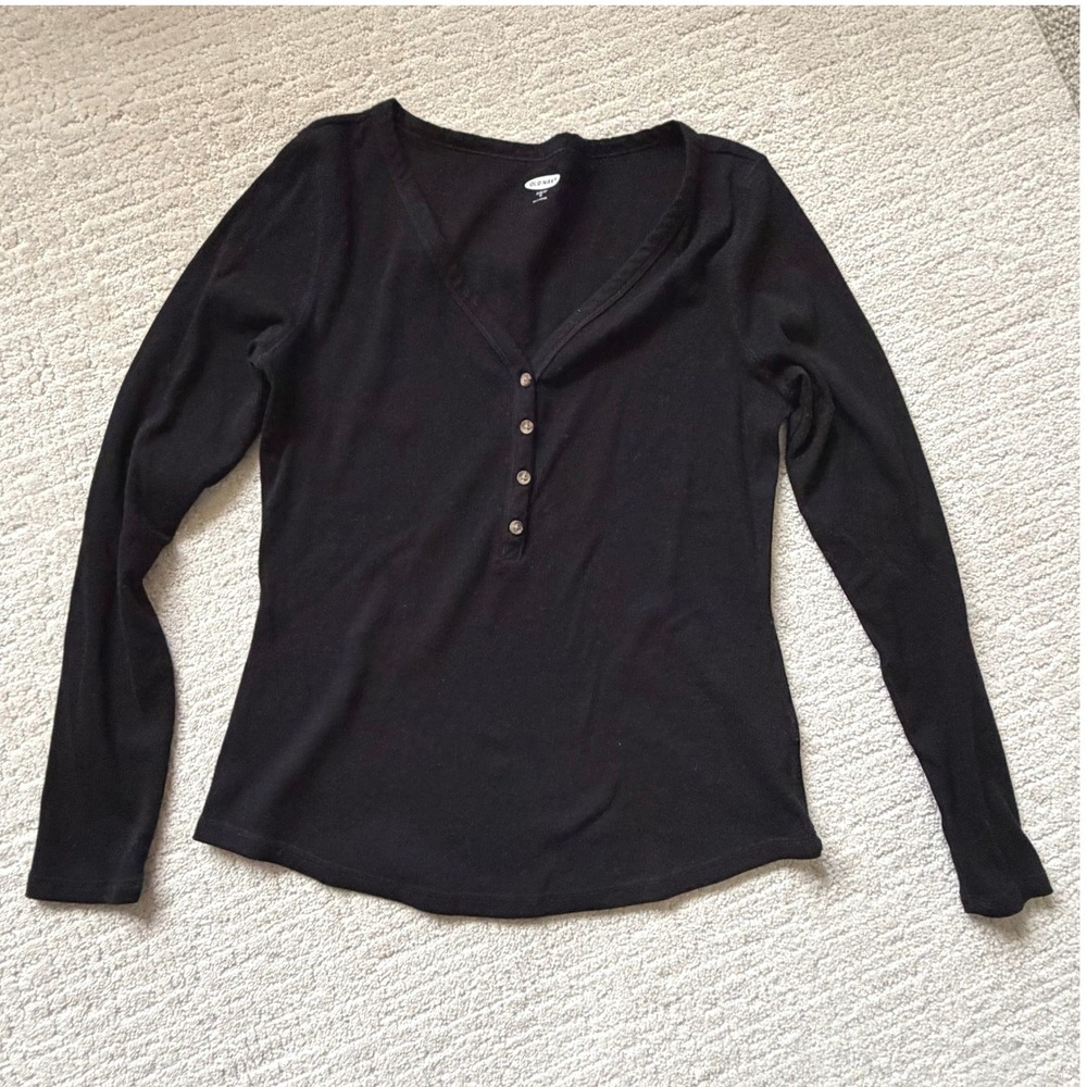 Old Navy Cotton Ribbed Black Jack Henley Long Sleeve Slim Fit Top Medium Layer